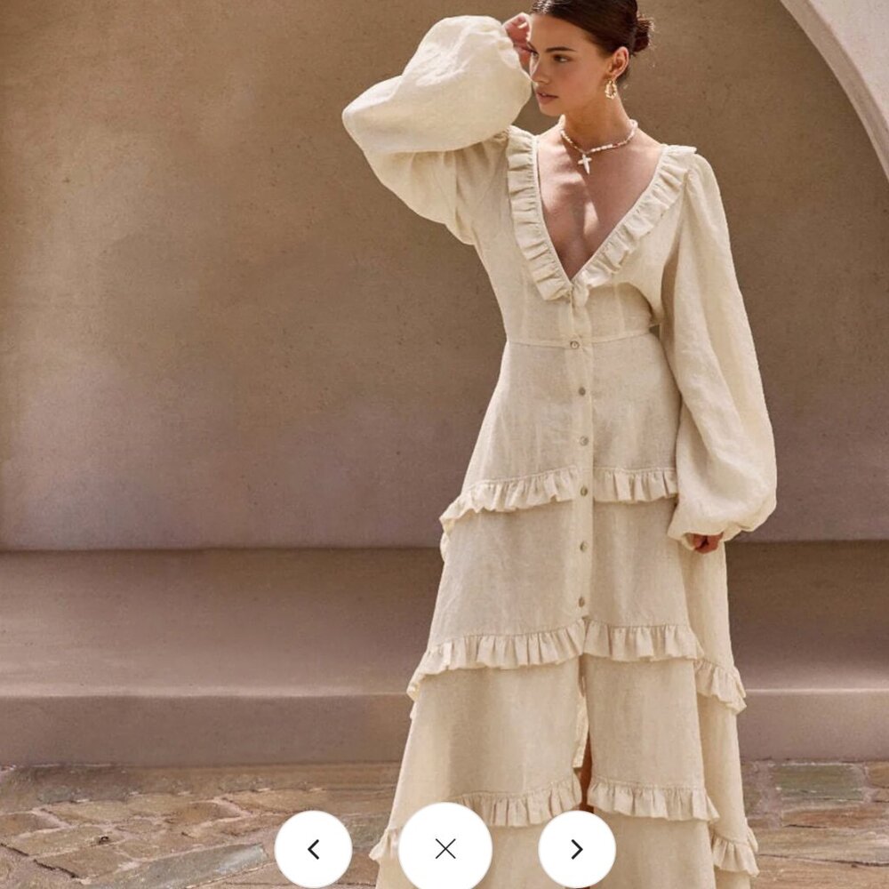 Commense - Cotton Linen Semi-Sheer Ruffle Trim Long Dress